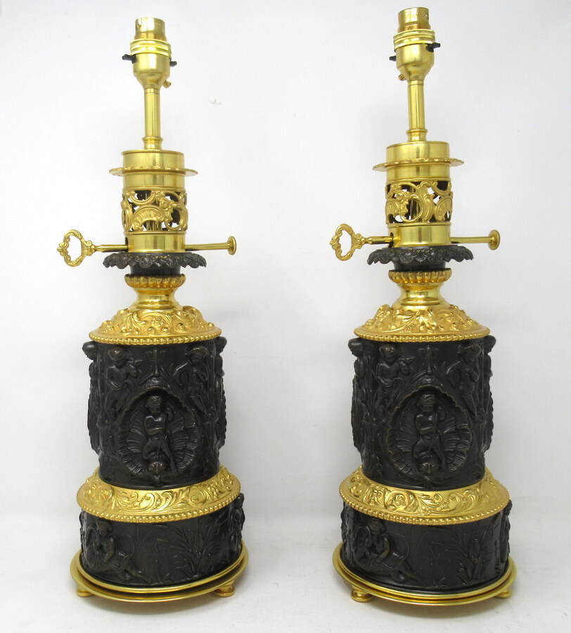 Antique Antique Pair French Gilt Bronze Electric Table Lamps Ormolu Mounts 19th Century 