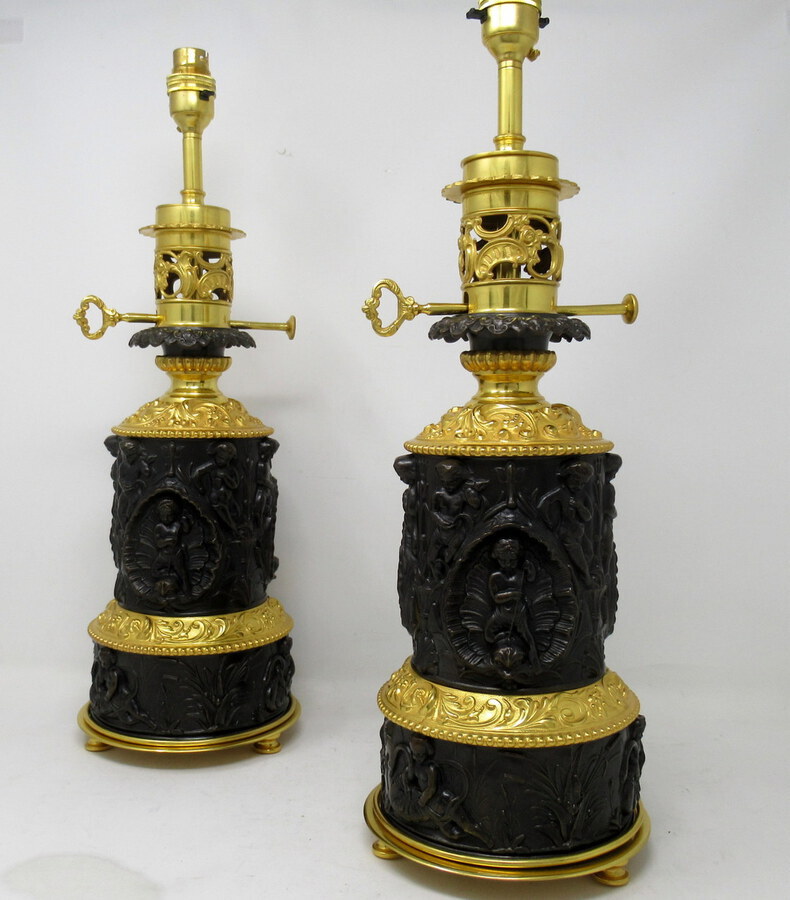 Antique Antique Pair French Gilt Bronze Electric Table Lamps Ormolu Mounts 19th Century 