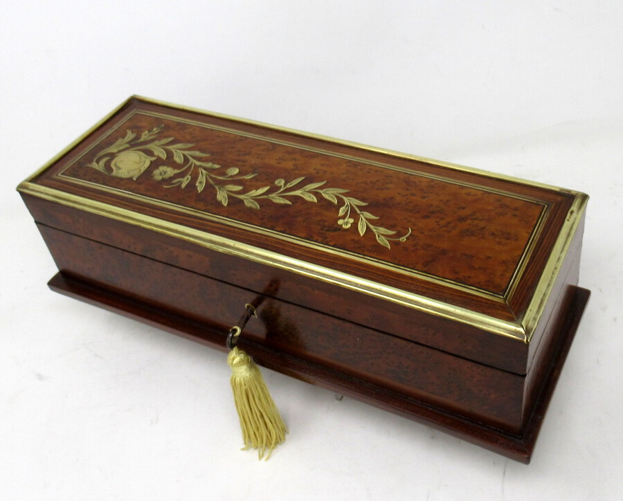 Antique Antique Victorian Brass Inlaid Birds Eye Maple Jewlery Casket Glove Box Casket 