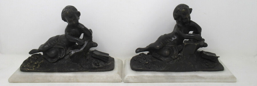 Antique Antique Pair French Grand Tour Bronze Marble Cherubs Figures Putti Bookends 