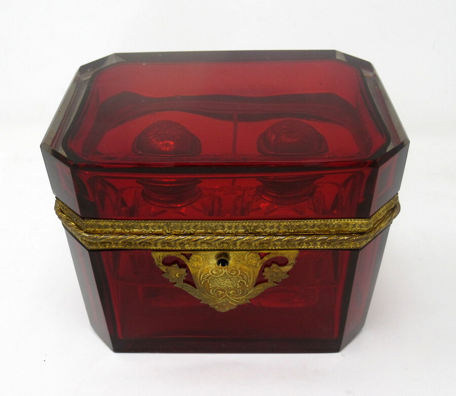 Antique Grand Tour Bohemian Crystal Gilt Bronze Cranberry Glass Scent Bottle Casket Box.  