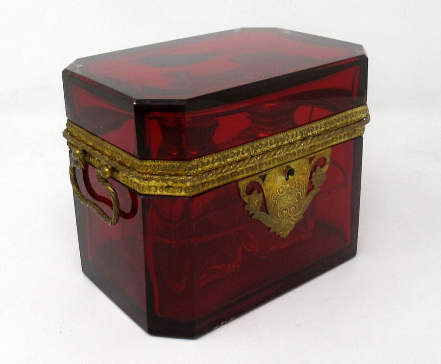 Antique Grand Tour Bohemian Crystal Gilt Bronze Cranberry Glass Scent Bottle Casket Box.  