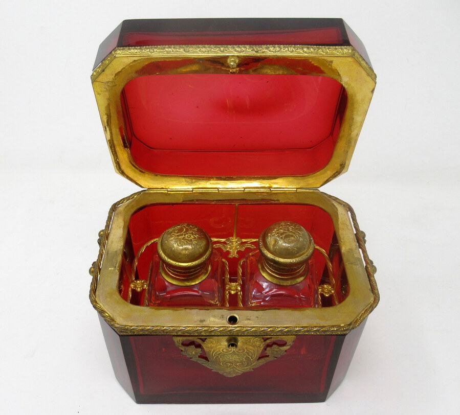 Antique Grand Tour Bohemian Crystal Gilt Bronze Cranberry Glass Scent Bottle Casket Box.  