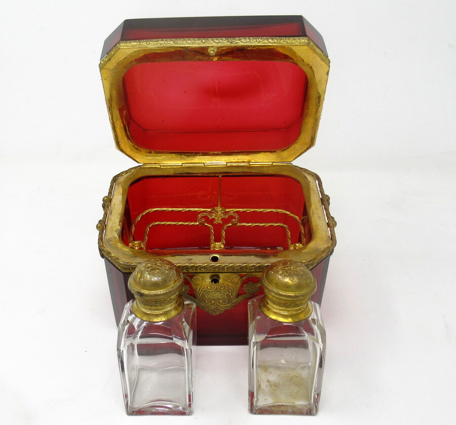 Antique Grand Tour Bohemian Crystal Gilt Bronze Cranberry Glass Scent Bottle Casket Box.  