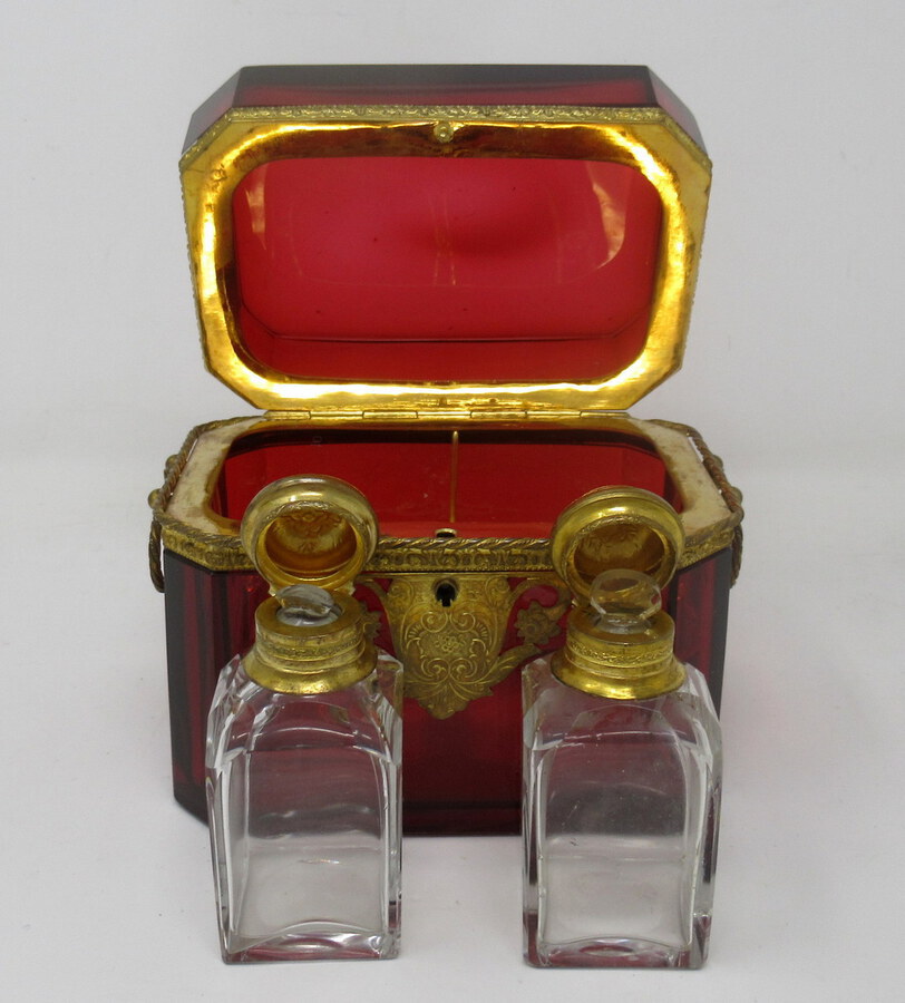 Antique Grand Tour Bohemian Crystal Gilt Bronze Cranberry Glass Scent Bottle Casket Box.  