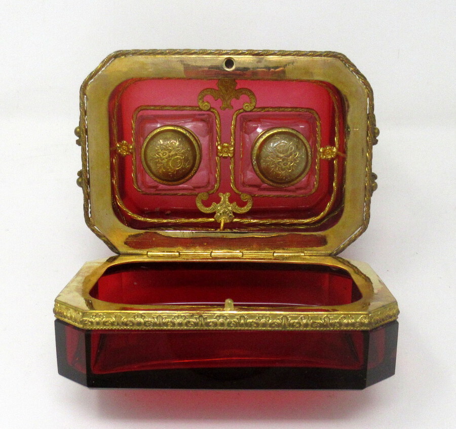 Antique Grand Tour Bohemian Crystal Gilt Bronze Cranberry Glass Scent Bottle Casket Box.  