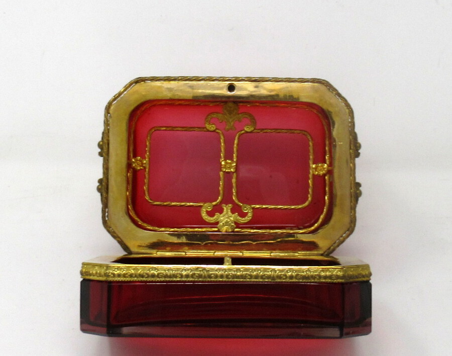 Antique Grand Tour Bohemian Crystal Gilt Bronze Cranberry Glass Scent Bottle Casket Box.  