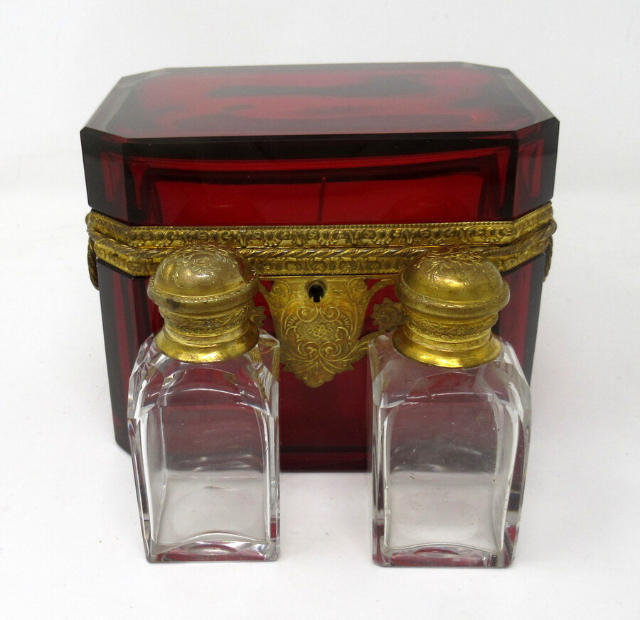 Antique Grand Tour Bohemian Crystal Gilt Bronze Cranberry Glass Scent Bottle Casket Box.  