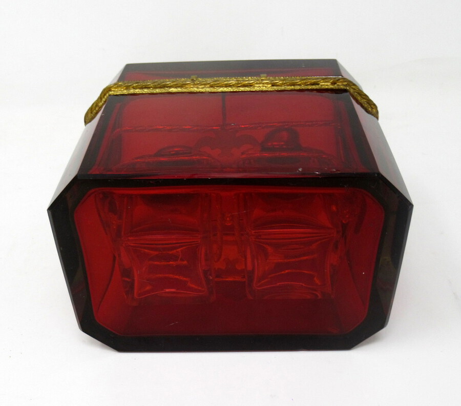 Antique Grand Tour Bohemian Crystal Gilt Bronze Cranberry Glass Scent Bottle Casket Box.  