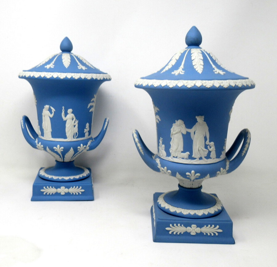 Antique Antique Pair of Blue Wedgwood Jasperware Ceramic Urns Vases Mythological Classical Scenes