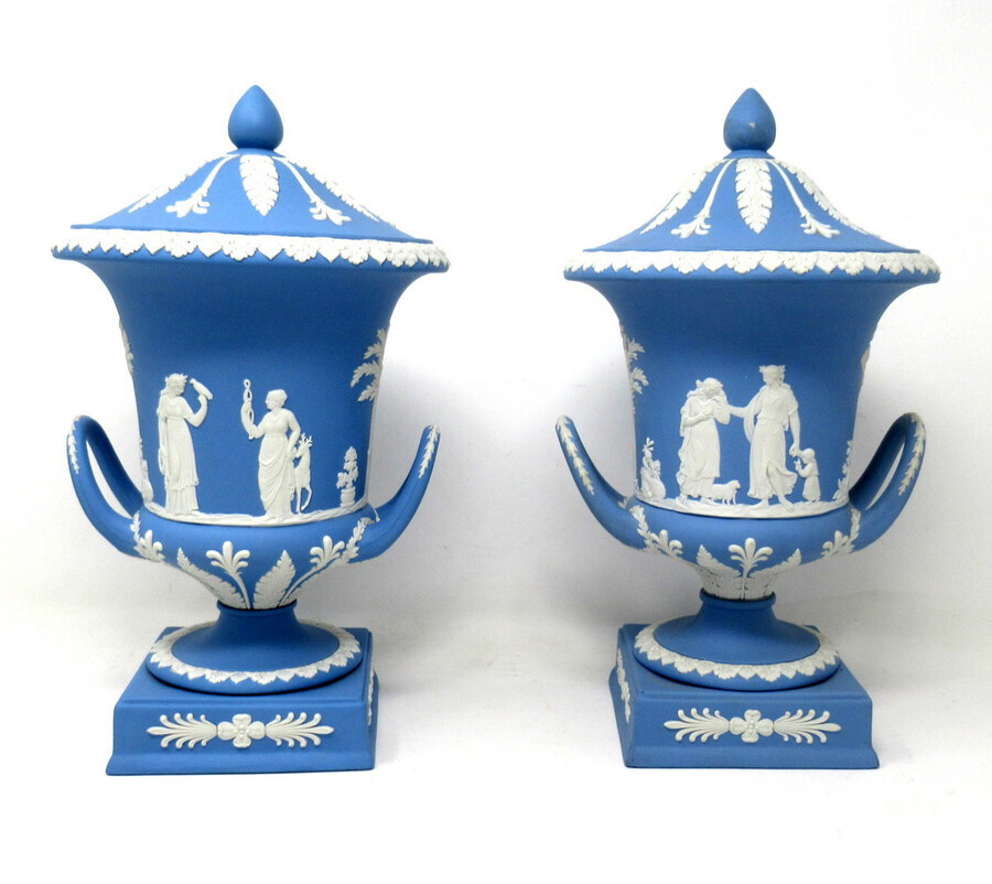 Antique Antique Pair of Blue Wedgwood Jasperware Ceramic Urns Vases Mythological Classical Scenes