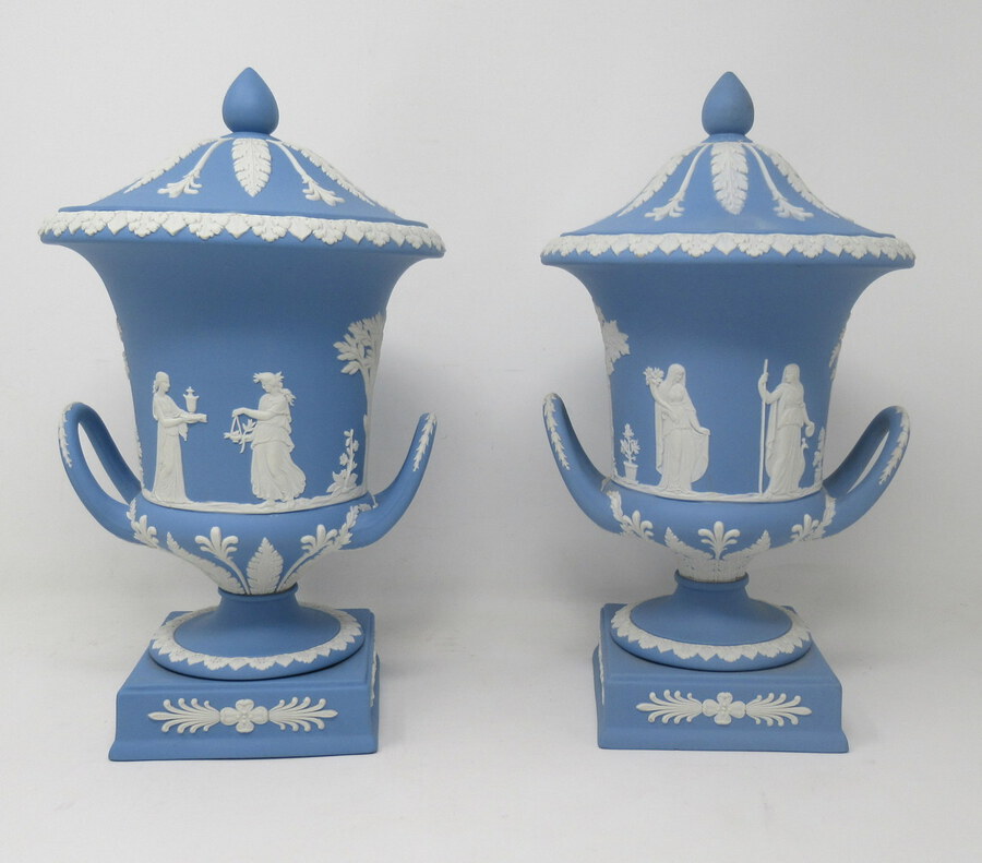 Antique Antique Pair of Blue Wedgwood Jasperware Ceramic Urns Vases Mythological Classical Scenes