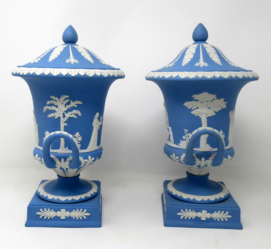 Antique Antique Pair of Blue Wedgwood Jasperware Ceramic Urns Vases Mythological Classical Scenes