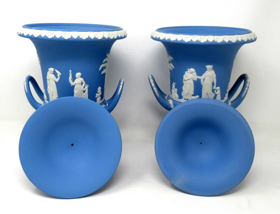 Antique Antique Pair of Blue Wedgwood Jasperware Ceramic Urns Vases Mythological Classical Scenes