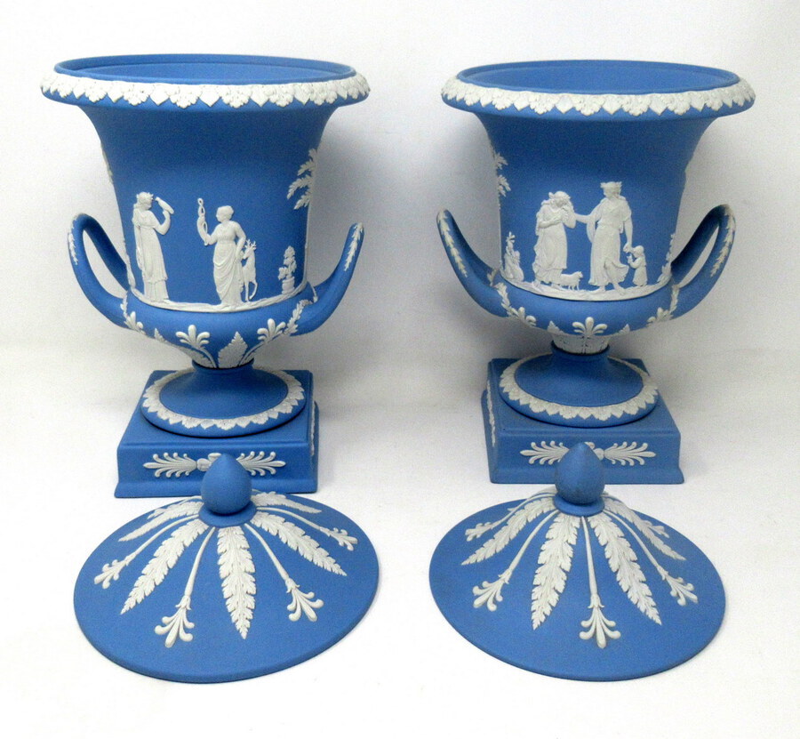 Antique Antique Pair of Blue Wedgwood Jasperware Ceramic Urns Vases Mythological Classical Scenes