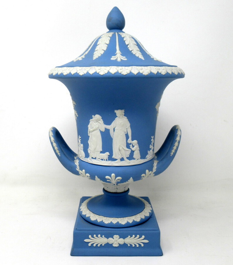 Antique Antique Pair of Blue Wedgwood Jasperware Ceramic Urns Vases Mythological Classical Scenes