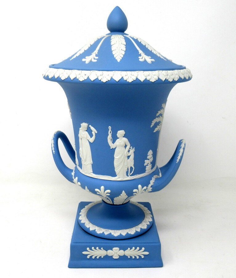 Antique Antique Pair of Blue Wedgwood Jasperware Ceramic Urns Vases Mythological Classical Scenes