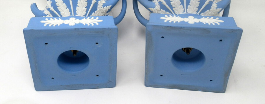 Antique Antique Pair of Blue Wedgwood Jasperware Ceramic Urns Vases Mythological Classical Scenes