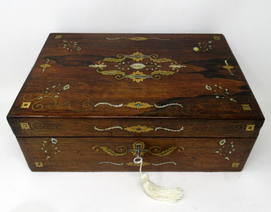 Antique Irish Mahogany Mother of Pearl Writing Slope Box by Austins Dublin, circa 1860 