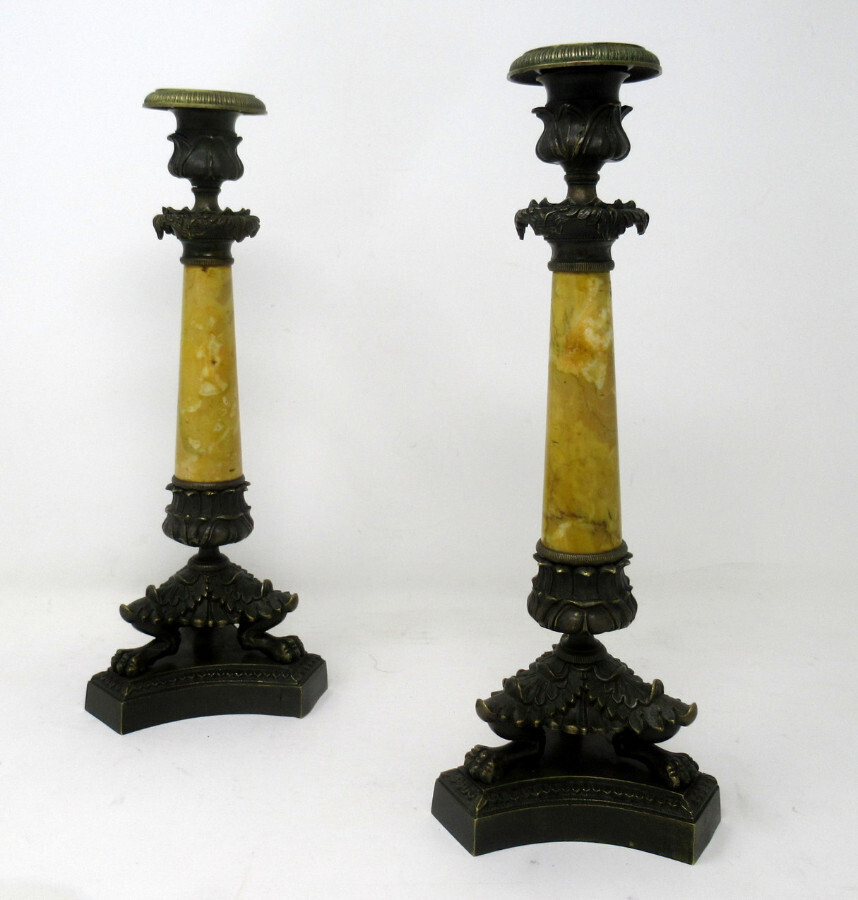 Antique Pair of French Sienna Marble Grand Tour Bronze Candelabra Candlesticks