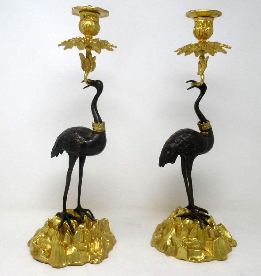 Antique Pair English Ormolu Gilt Bronze Candlesticks Storks Cranes attrib. Abbott