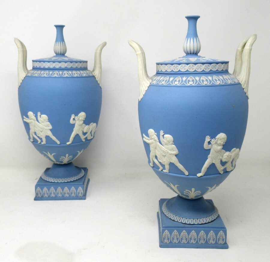 Antique Pair of Blue Wedgwood Jasperware Ceramic Urns Vases John Flaxman Cherubs
