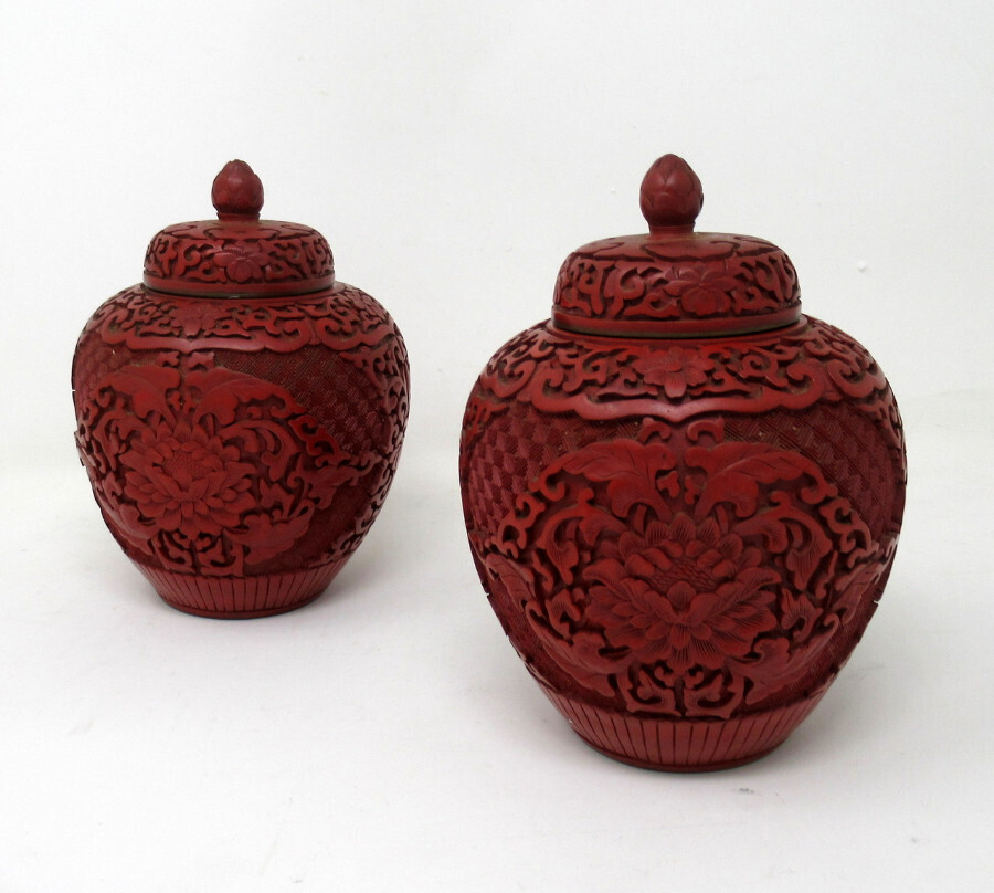 Pair Antique Chinese Carved Cinnabar Bowls Ginger Jars Guangxu 19th Century