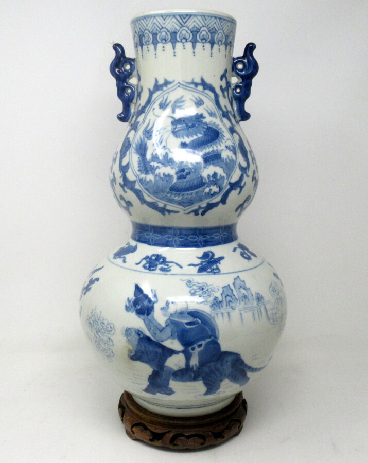 Antique Asian Chinese Porcelain Blue White Gourd Vase Tongzhi Period 1856-1875