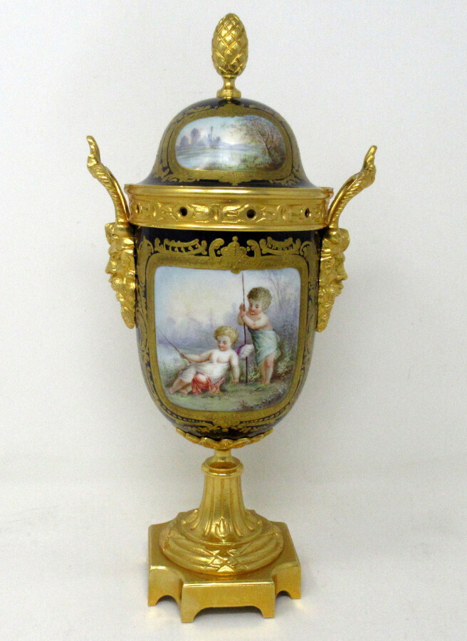 Antique French Sèvres Porcelain Ormolu Gilt Bronze Urn Vase Potpourri Cobalt 