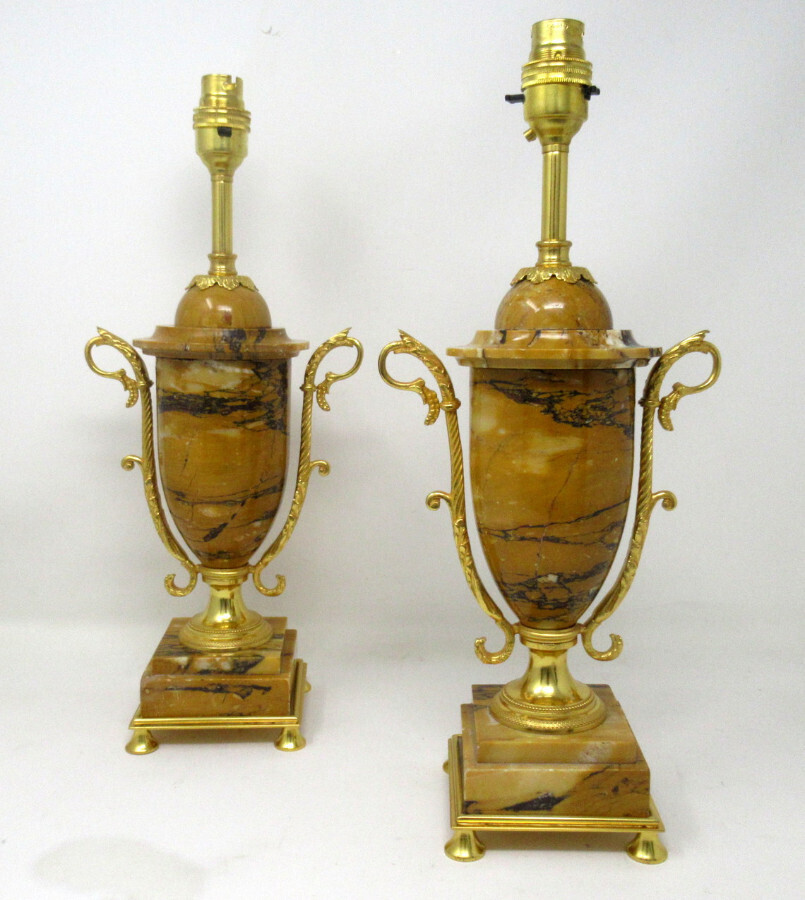 Antique Pair French Giallo Sienna Marble Gilt Bronze Ormolu Electric Table Lamps