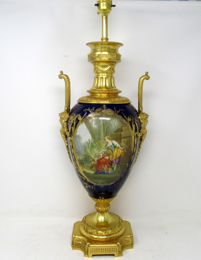 Antique French Sèvres Gilt Bronze Porcelain Vase Ormolu Cobalt Blue Table Lamp