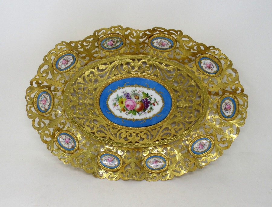 Antique French Gilt Bronze Sèvres Porcelain Hand Painted Table Centerpiece Tray