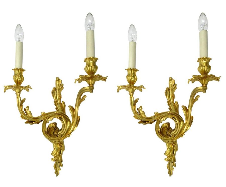 Antique Pair of Ormolu Gilt Bronze Twin Light Wall Candle Sconces Appliques 19Ct