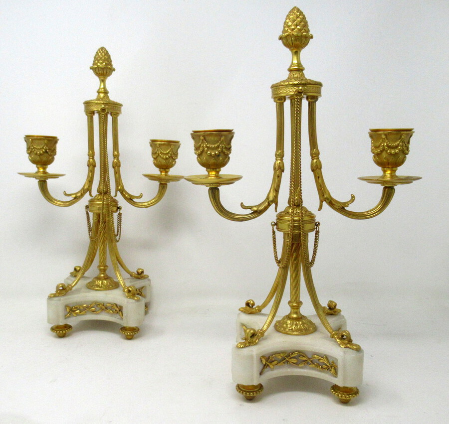 Pair of French Ormolu White Marble Twin Arm Garniture Candelabra Candlesticks