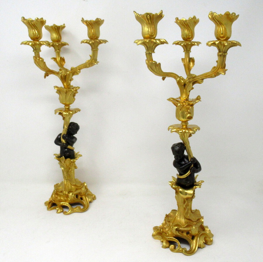 Antique Vintage Pair French Ormolu Gilt Bronze Candelabra Candlesticks 19th Ct