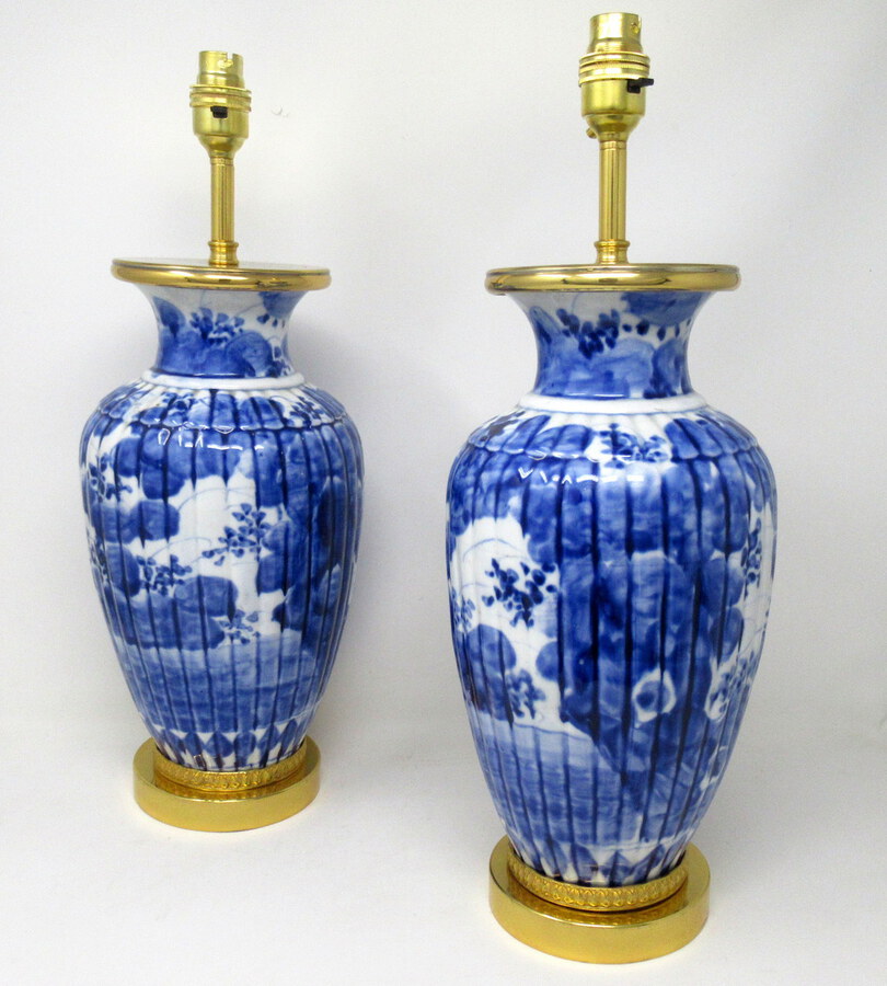 Antique Pair Blue and White Porcelain Ormolu Bronze Table Lamps Chinese European