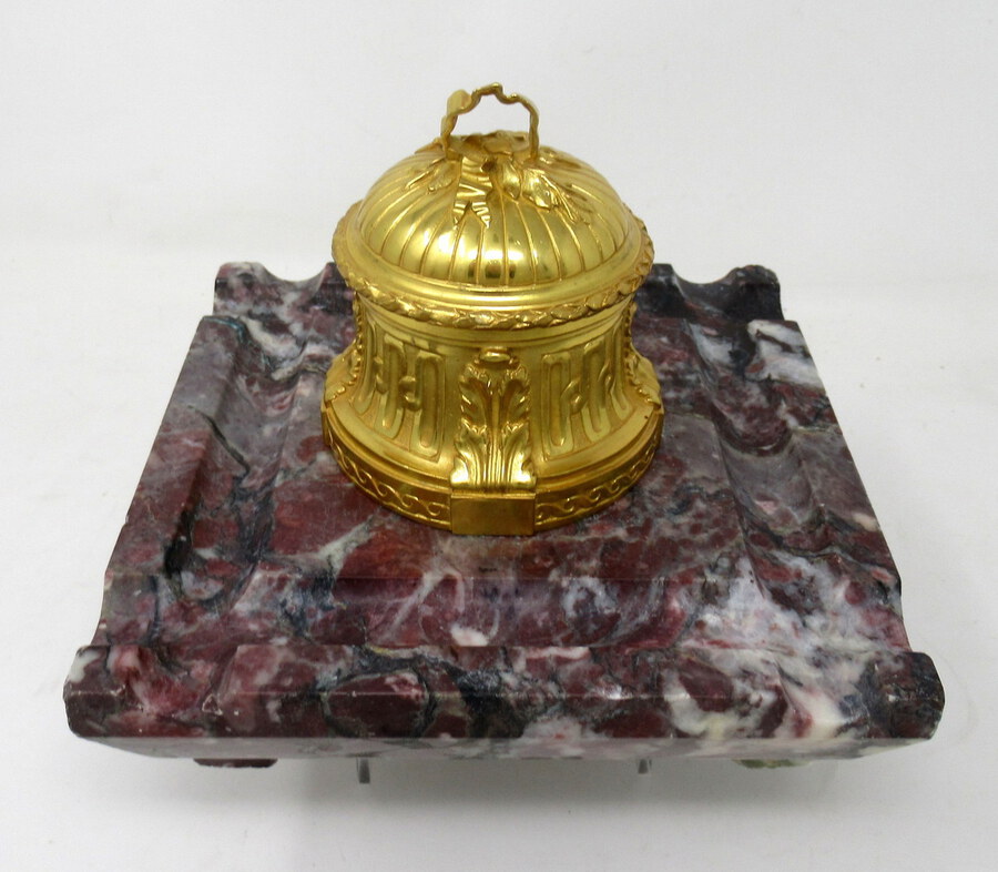 Antique French Ormolu Gilt Bronze Breche Violete Marble Desk Inkwell Centerpiece