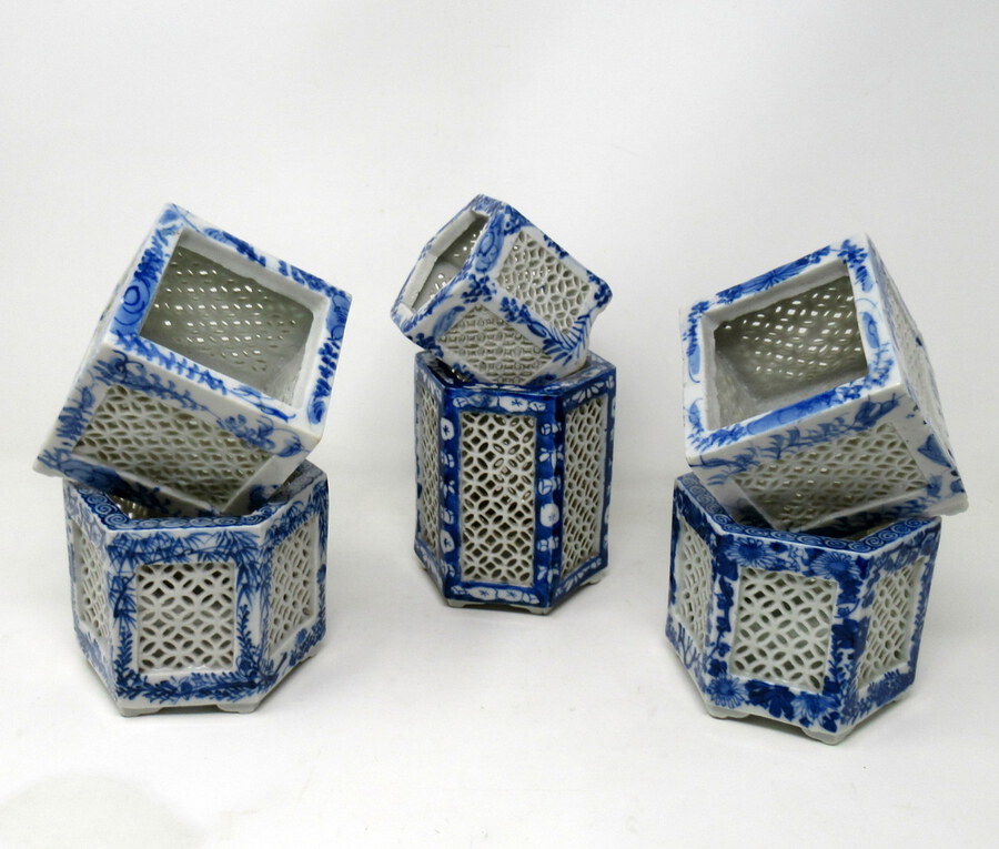 Set Hand Painted Blue White Japanese Chinese Reticulated Hexagonal Porcelain Vases