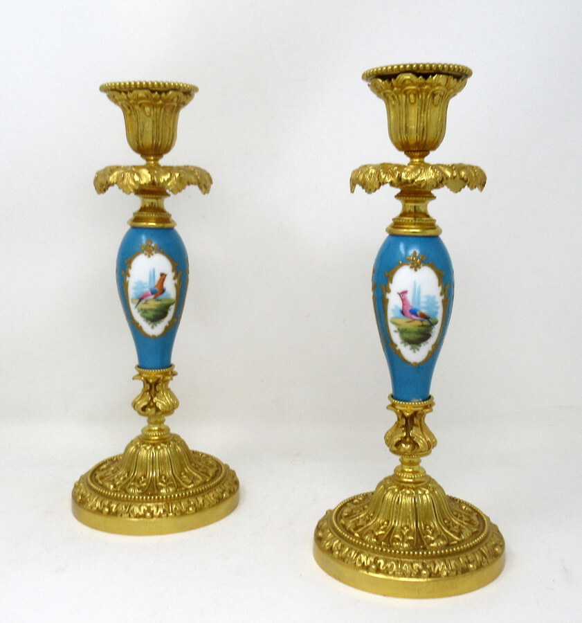 Antique Pair French Ormolu Sevres Porcelain Gilt Bronze Candlesticks Candelabra