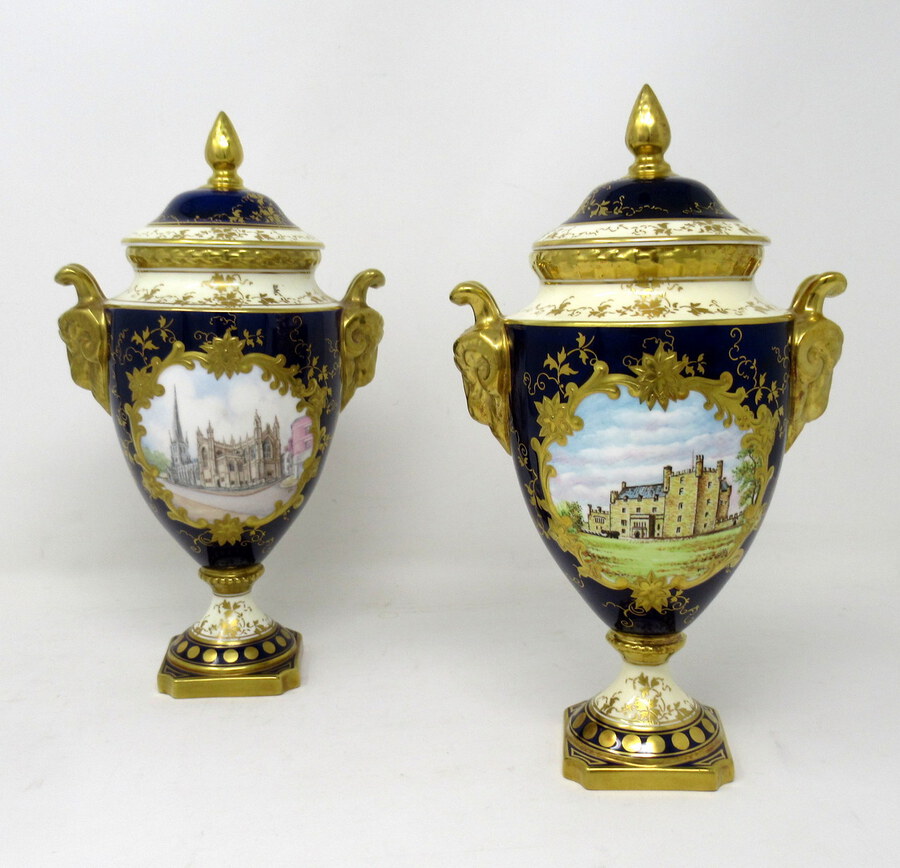 Fine Pair Coalport Urns Hand Painted Signed Norman Lear Malcolm Harnett 20thCt
