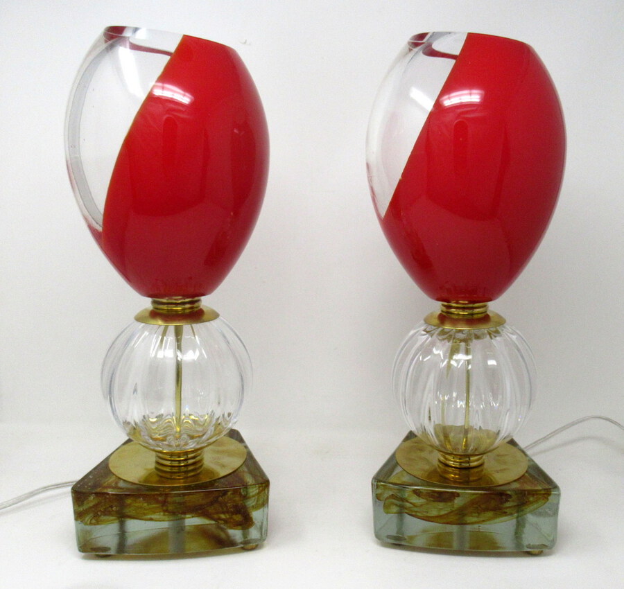Pair Mid Century Italian Murano Glass Lucite Table Lamps Red Crystal Gilt 1950s