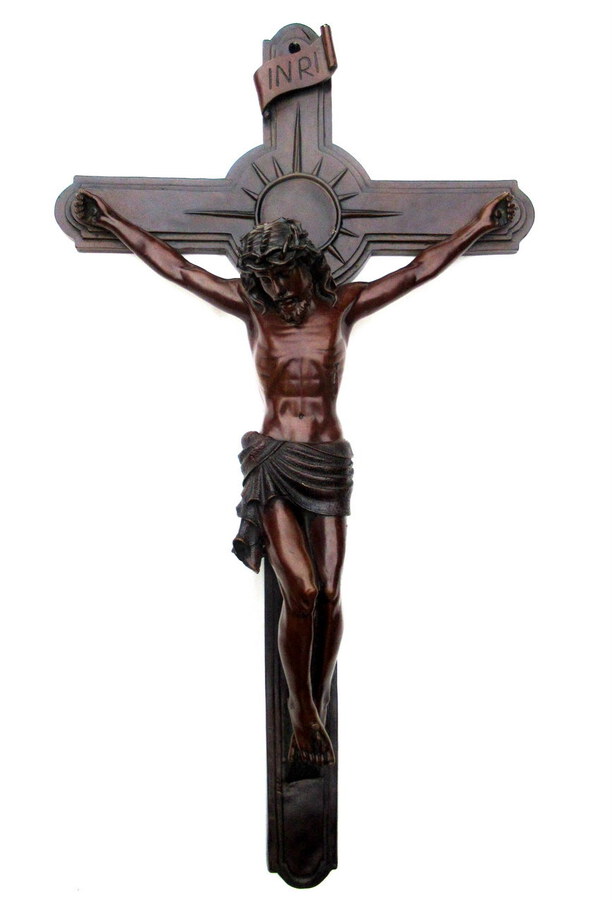 Antique Vintage French Bronze Religious Holy Crucifix Jesus Christ Cross INRI