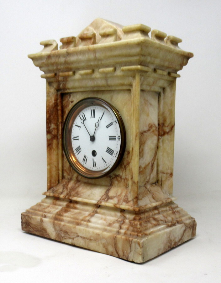 Antique French Carved Marble Architectural Castle Form Mantle Clock Timepiece 