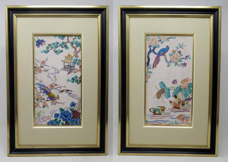 Antique Pair of Chinese Hand Embroidered Silk Pictures Panels Irish Interest  