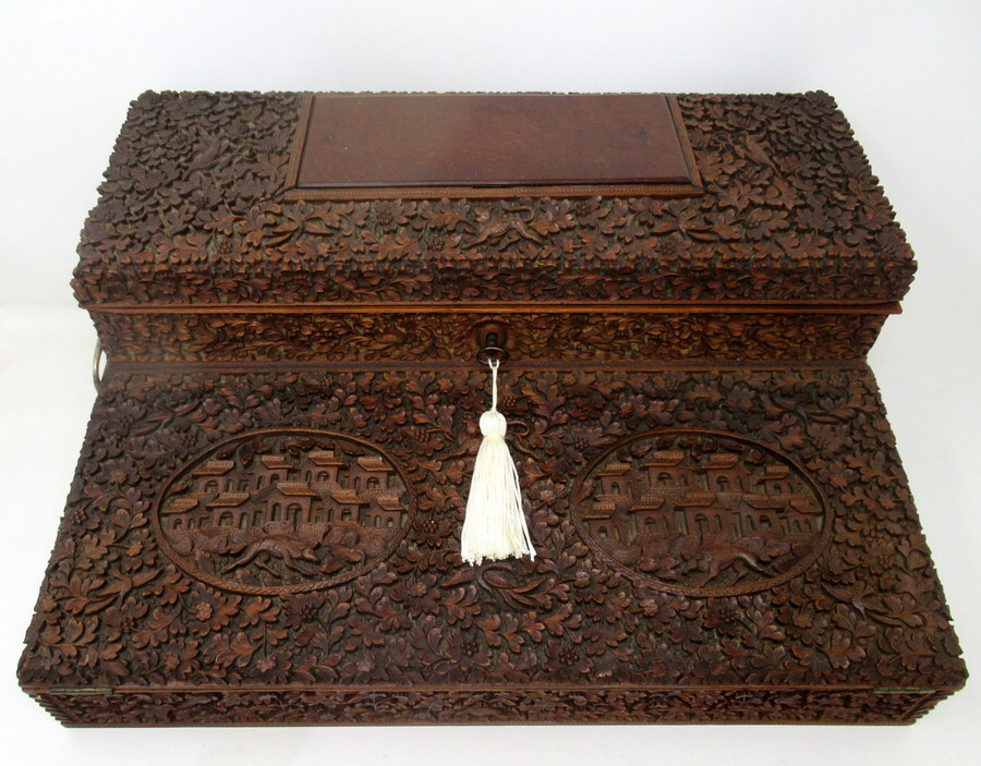 Antique Anglo-Indian Bombay Carved Sandalwood Writing Slope Box Mid 19thCentury 