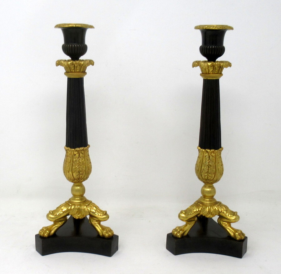 Antique Pair of French Empire Ormolu Patinated Bronze Dore Candlesticks Regency  