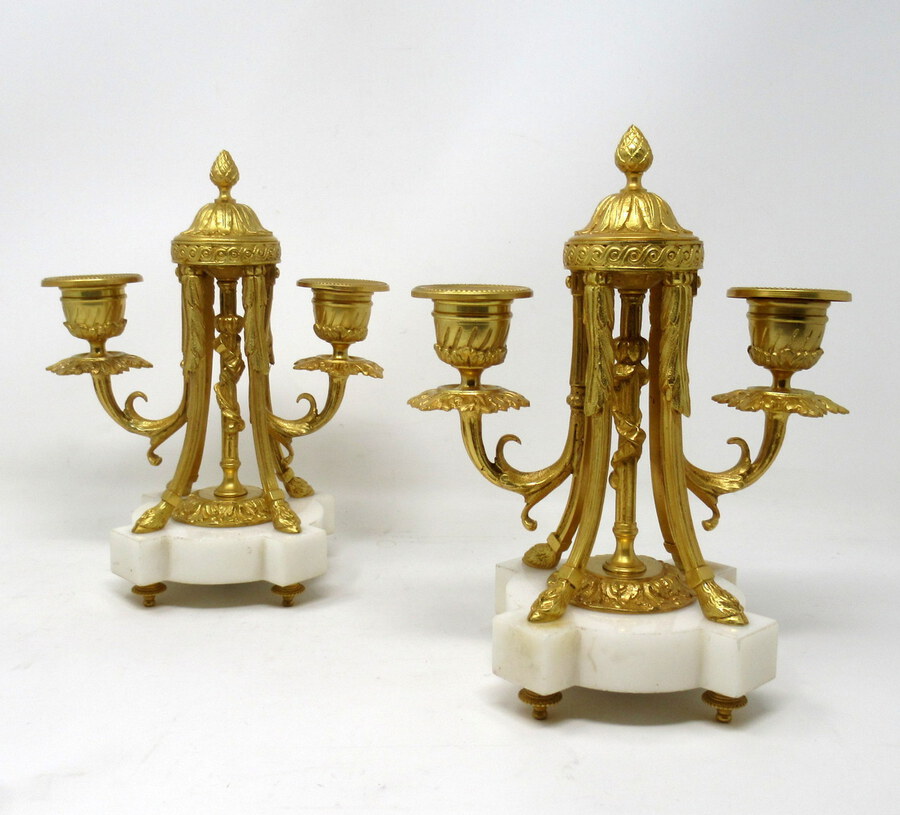 Pair French Ormolu White Marble Twin Arm Garniture Candelabra Candlesticks 19th Century