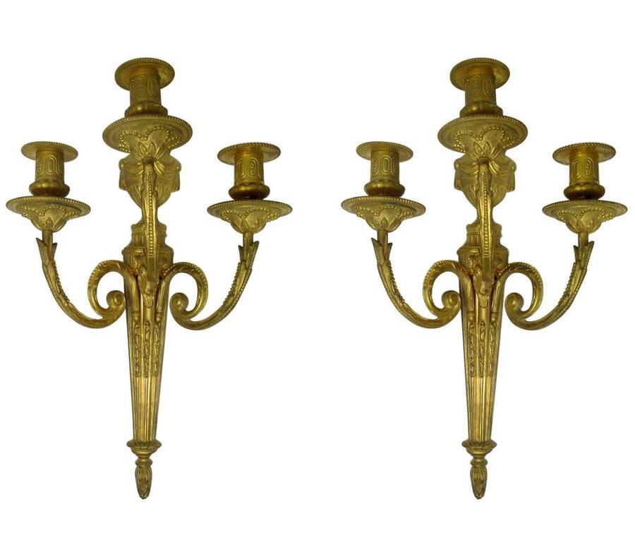 Antique Pair of French Gilt Bronze Three Light Wall Candle Sconces 19th Century