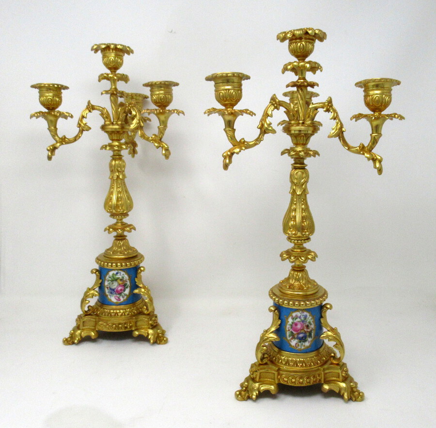 Antique Pair French Sevres Porcelain Ormolu Gilt Bronze Candlesticks Candelabra