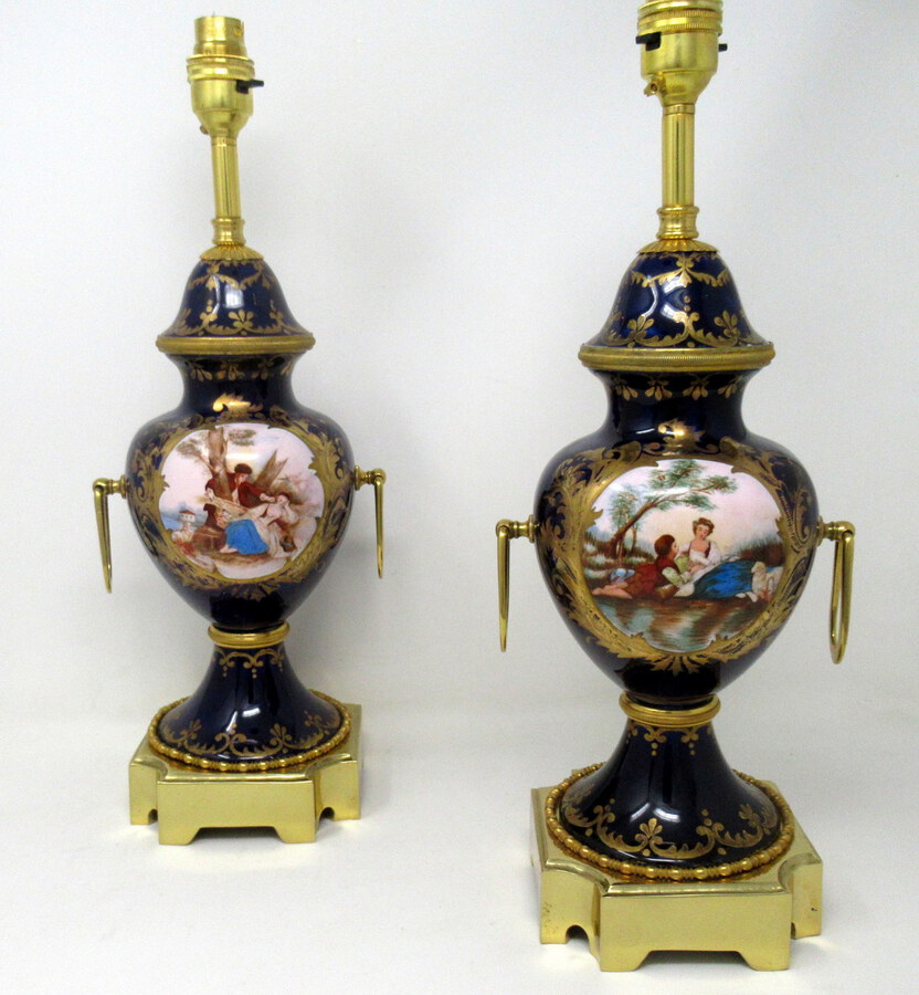 Pair of Antique French Sèvres Porcelain Ormolu Gilt Bronze Table Urn Lamps